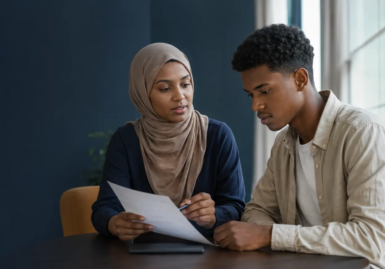 طالب يراجع خياراته الجامعية مع مستشارة تعليمية
